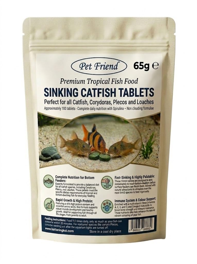 Pet Friend Sinking Catfish Tablets 40% High Protein Diet 65g Sinking Food For Corydoras & Other Bottom Feeding Tropical Fish For Colour Growth And Vitality