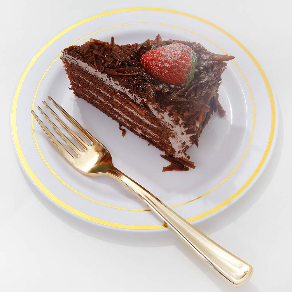 Nervure 102 PCS 7.5?Ç¥ Gold Plastic Plates & 102 Gold Plastic Forks-Gold Dessert Plates Perfect for Salads, Desserts, Parties, Catering, Thanksgiving Cakes (gold)