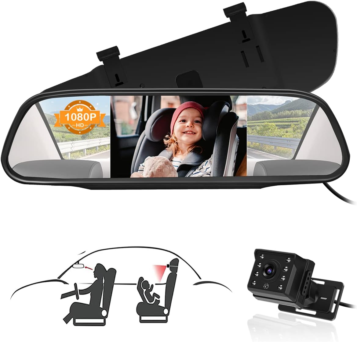 1080P Baby Car Camera, 2 in 1 Baby Car Monitor & Mirror, Easy Clip On Backup Rear View Mirror, Back Seat Camera for Rear Facing Newborns & Kids, 5 inch, Night Vision