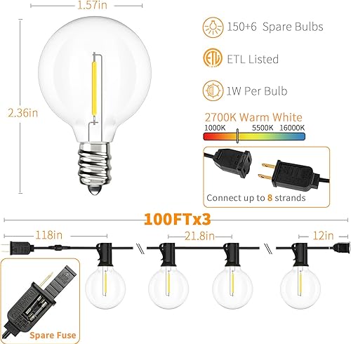 Miniatura 14 de Svater Tira de luces para exteriores de 150 pies, luz de patio con 78 bombillas LED inastillables, luces de globo G40 colgantes de plástico exterior