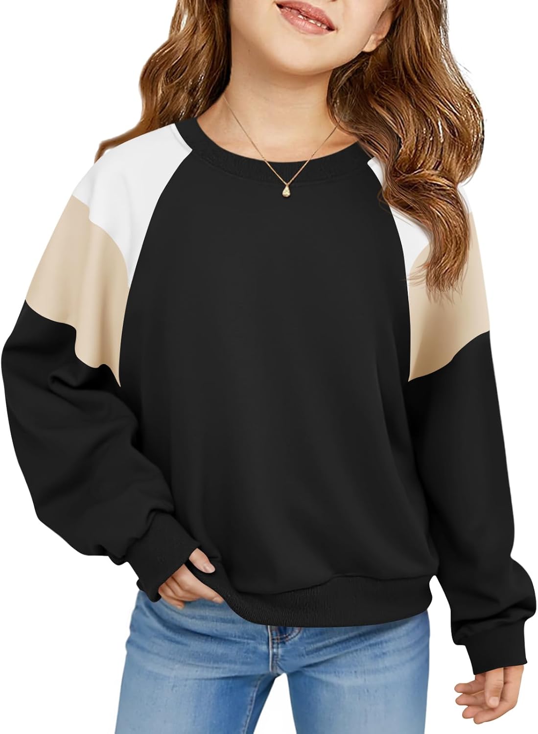 Haloumoning Girls Oversized Colorblock Sweatshirts Kids Fashion Fleece Drop Shoulder Pullover 5-14 Years