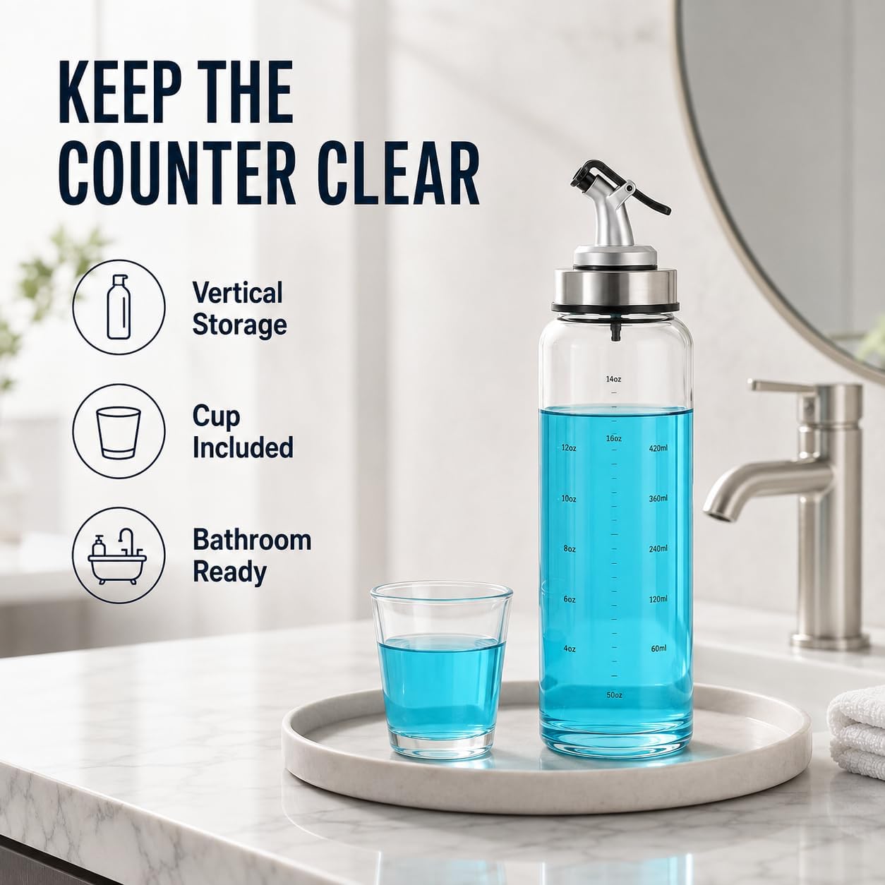 Mouthwash Dispenser with Cup, 17 oz Refillable Glass Bottle image 5