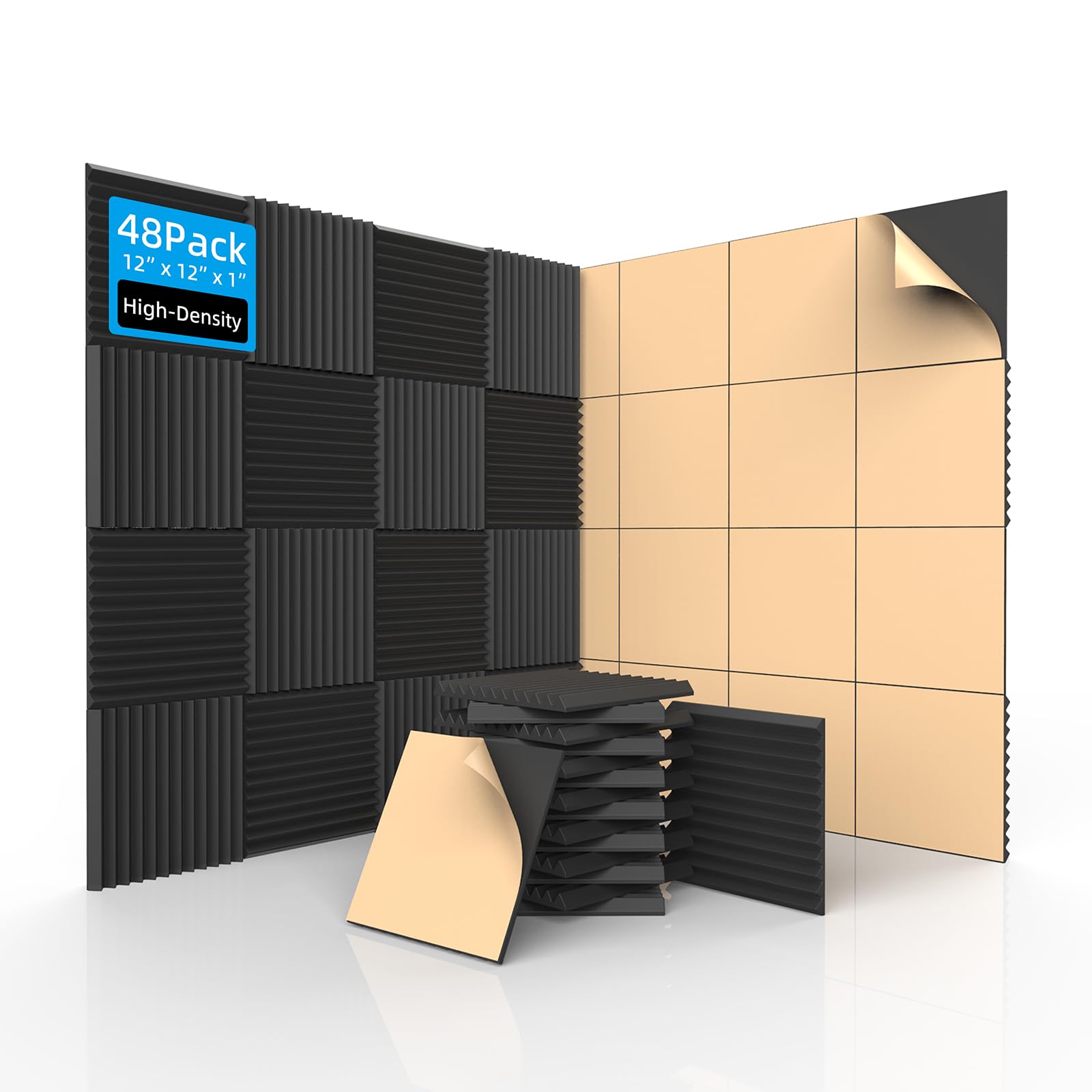 SD SODOCT 48 Pack Self-Adhesive Wedge Acoustic Foam Panels 12" x 12" x 1"