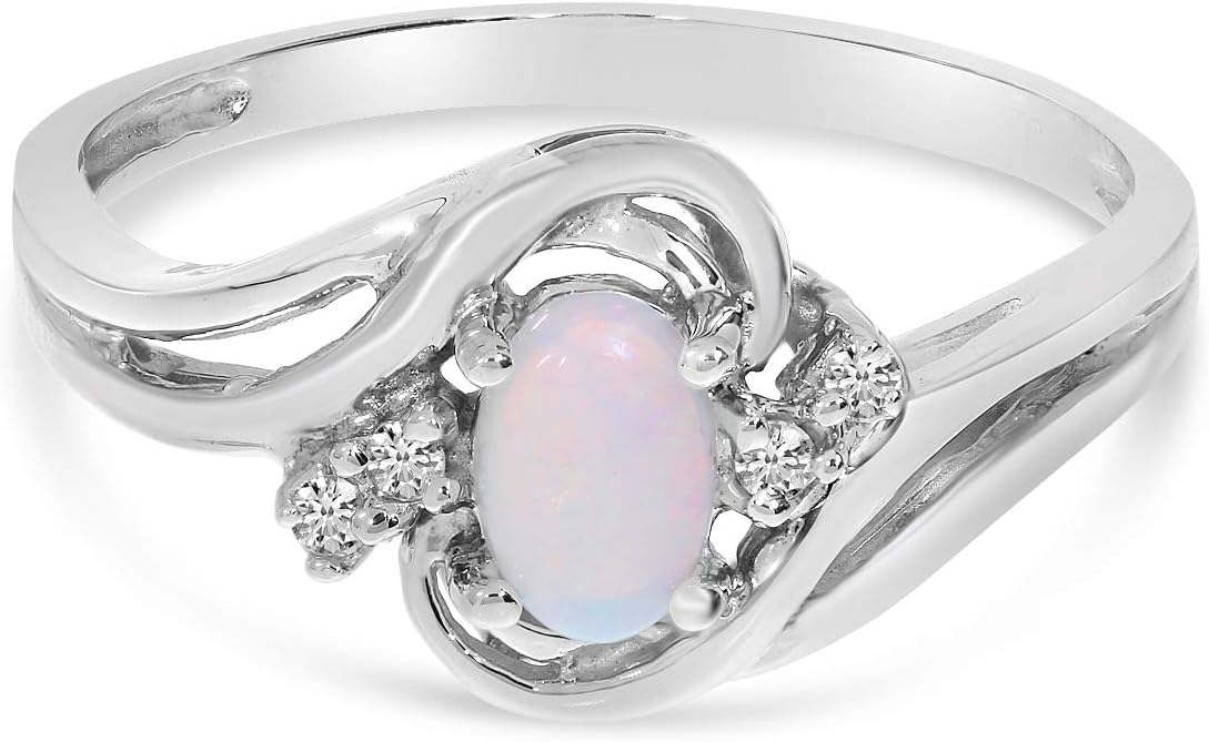 14k White Gold Oval Opal And Diamond Ring