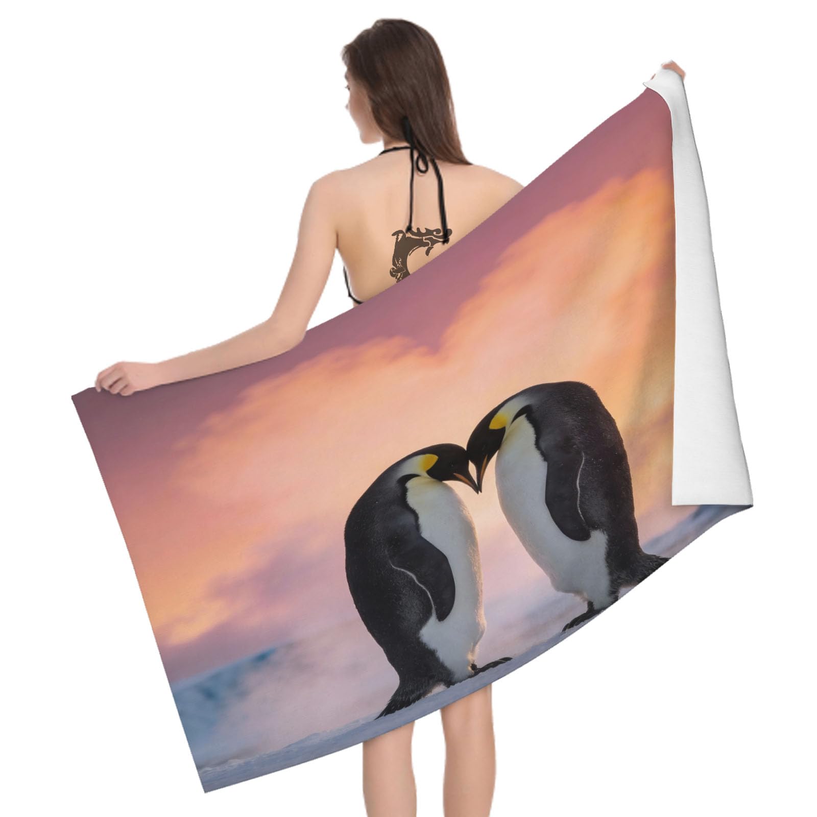 Leichong 3D Emperor Penguin Beach Towel Large Microfiber Soft Quick Dry for Adults, Love Bath Towel Lightweight Soft Absorbent for Travel Swimming Pool Sports, 180 x 90 cm