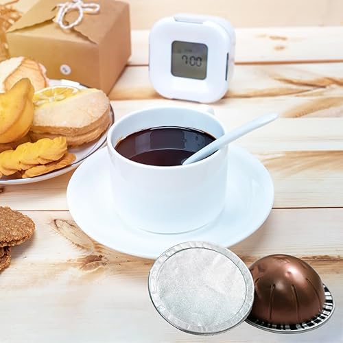 Miniatura 6 de 70 tapas de papel de aluminio reutilizables de 2.362 in compatibles con cápsulas Nespresso VertuoLine, con un cepillo blanco, tapas de papel de