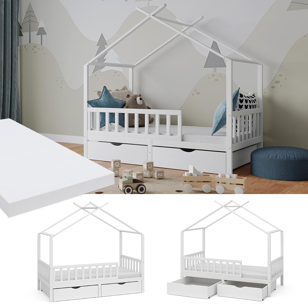 VitaliSpa Letto montessori bambini Franka, Bianco, 80x160 cm con 2 cassetti e materasso, adatto per materassi fino a 90x200 cm e combinabile