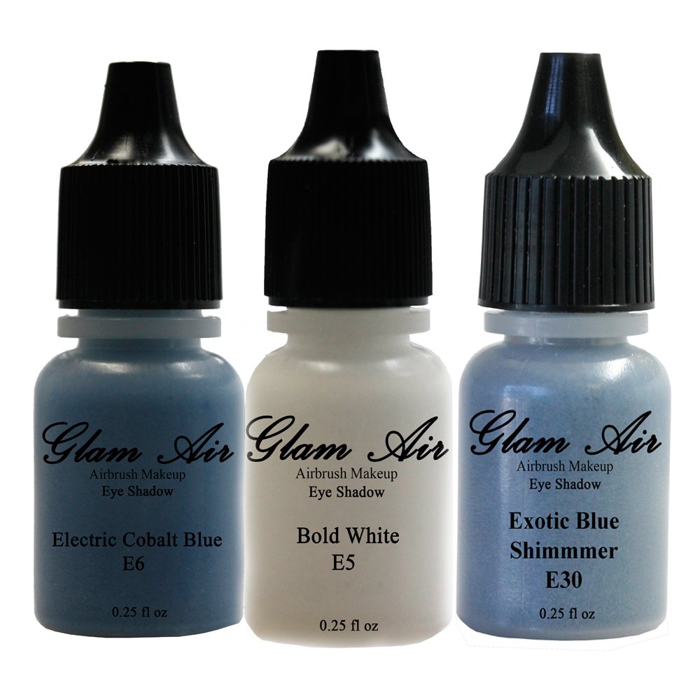 Glam Air Set of 3 Airbrush Eye Shadow Colors- Electric Cobalt Blue, Bold White & Exotic Blue Shimmer Airbrush Water-based 0.25 Fl. Oz. Bottles of Eyeshadow