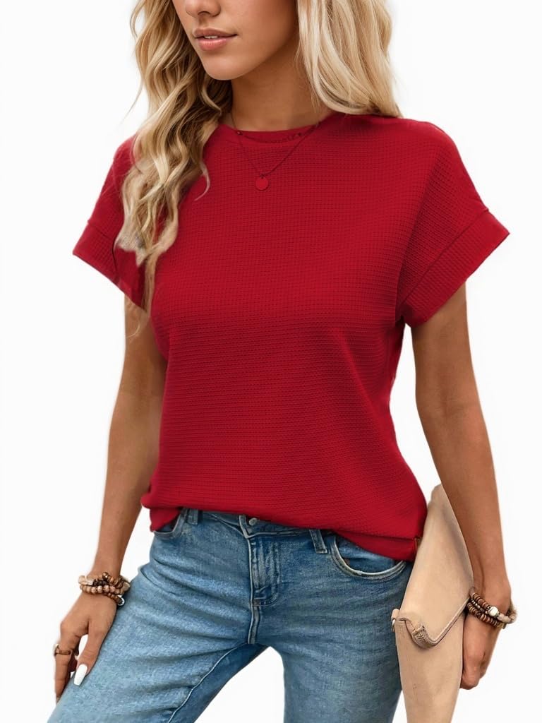 GLEENOD Tshirt Damen Sommer Rundhals Basic Tops Kurzarm Tunika Elegant Waffelstrick Blusen Weiß Schwarz Oberteile