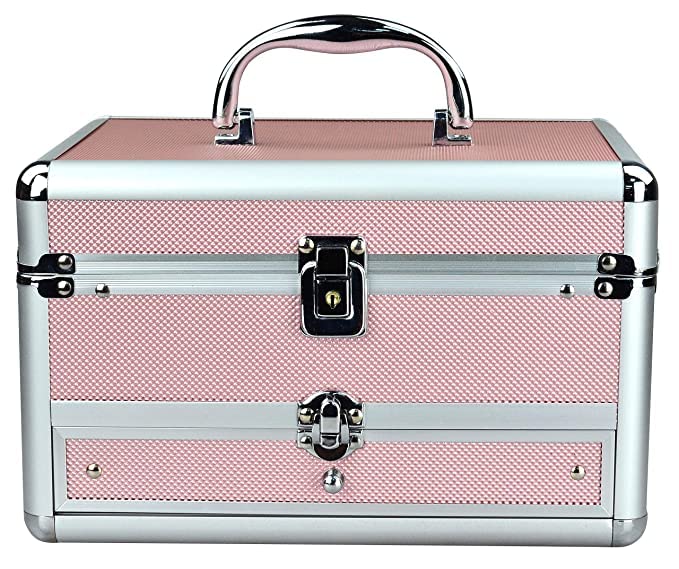 Adson Professional 4 Trays Makeup Box Cosmetics Case Jewelry Organiser Vanity Make Up Storage Box Beauty Train Case Lockable with Keys (Pink)-image-44