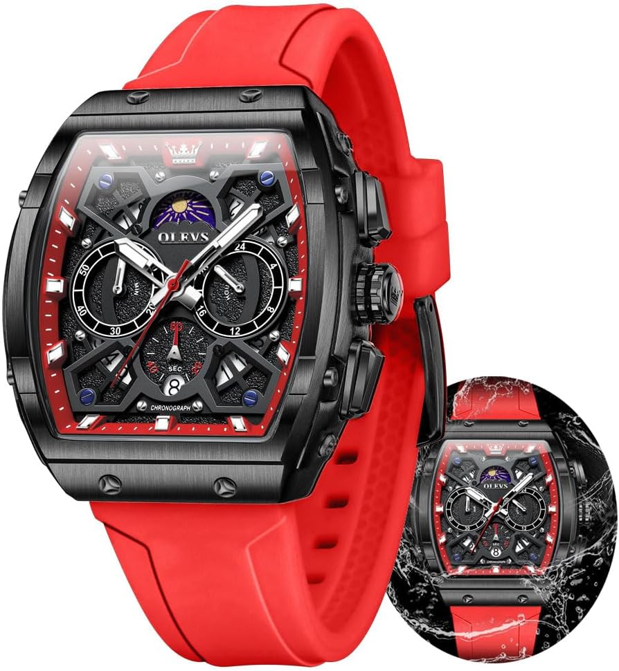 OLEVS Watches Men Chronograph Waterproof Rectangle Face Moon Phase Watches for Men Luminous Quartz Calendar Mens Wrist Watch - Silicon Strap