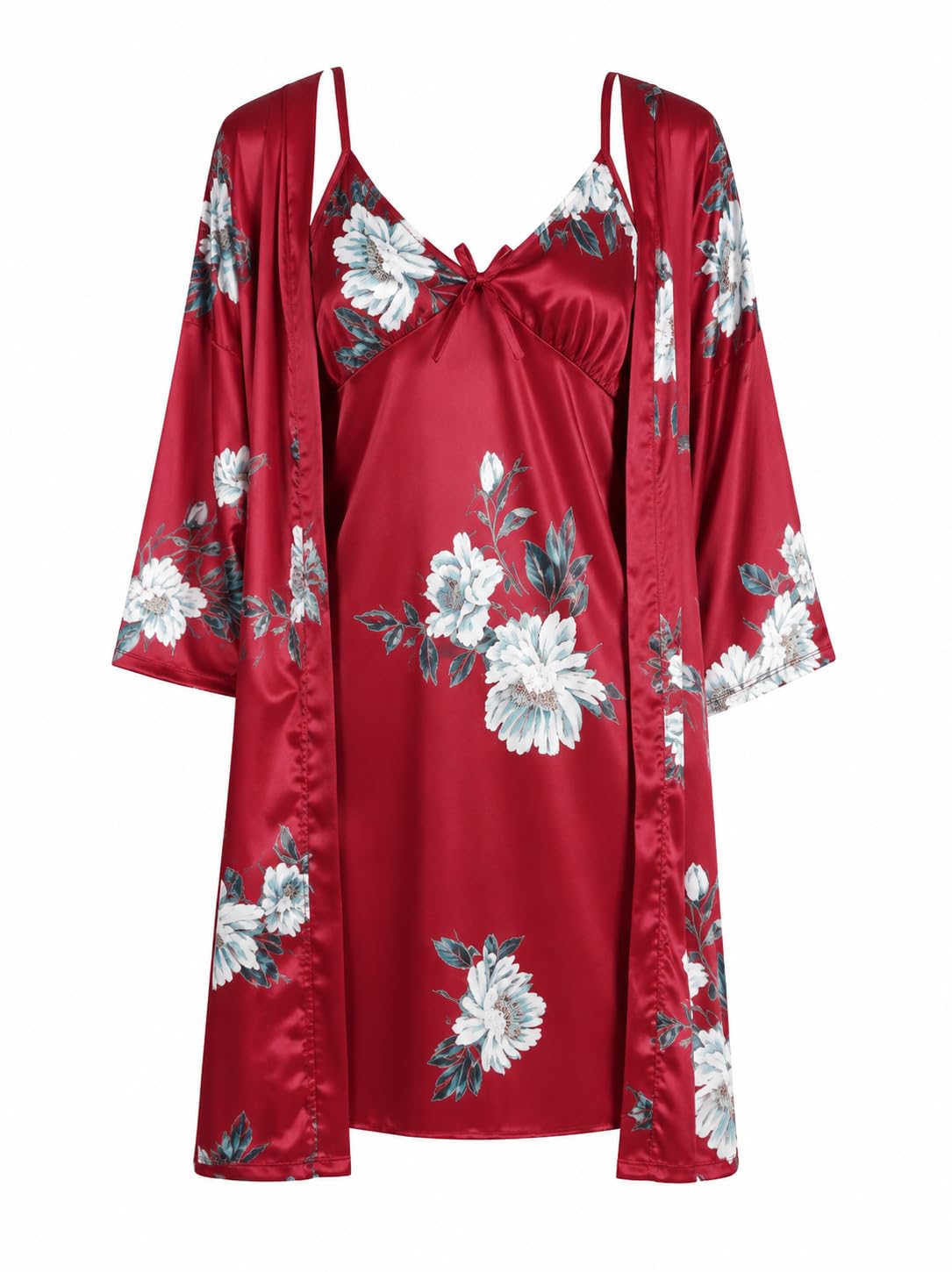 Women's Satin Robe & Slip Dress Set | Floral Black Kimono Robe with Spaghetti Strap Nightdress | Soft Luxury Sleepwear & Loungewear for Women-picture-28