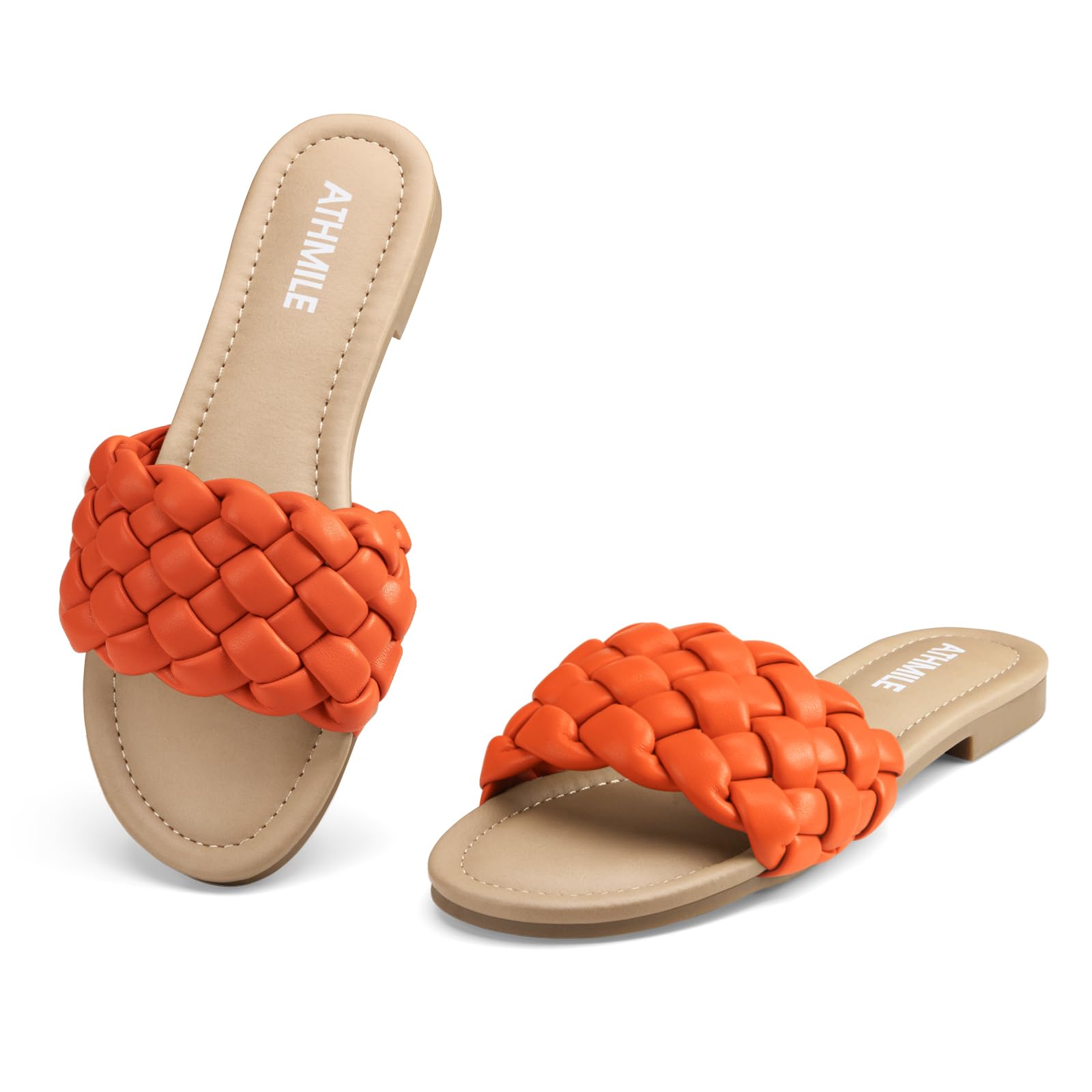 ATHMILE Braided Womens Sandals Round Open Toe Fashion Slide Sandals Women Dressy Summer Flat Beach Size 6-11