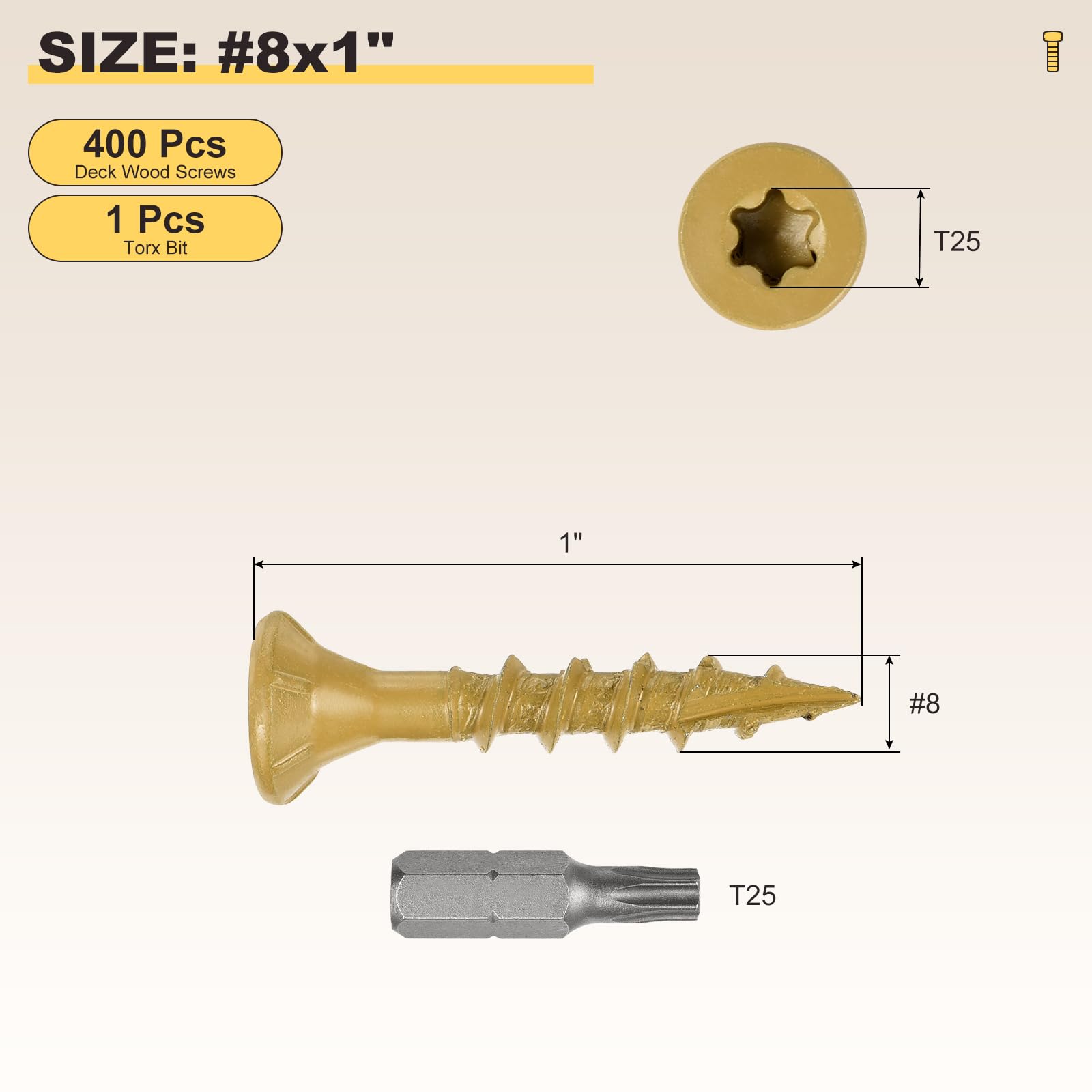 METALLIXITY Deck Screws (#8x1") 400Pcs, Carbon Steel Wood Screw Decking Screws Epoxy Coated with T25 Torx Drive Head - Image 2