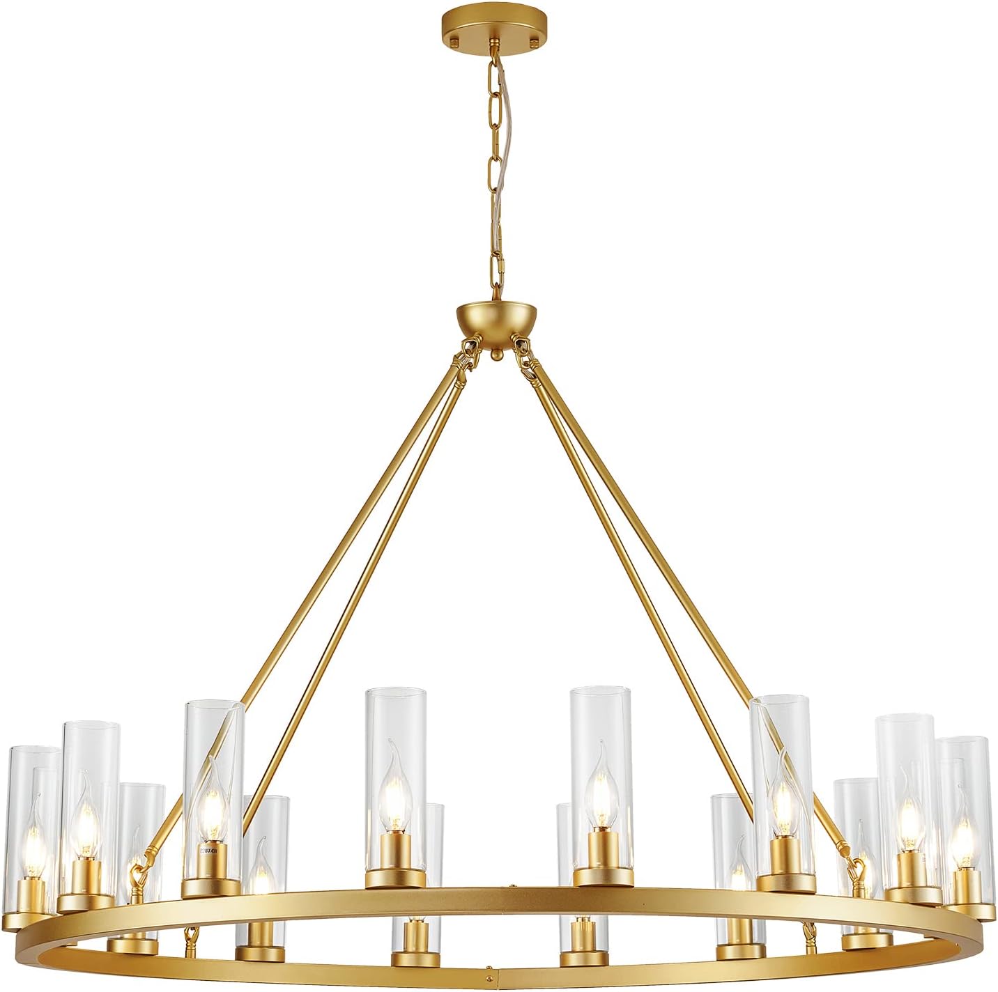 Farmhouse Wagon Wheel Chandelier,D42 16 Light Gold Industrial Rustic Chandelier Lighting, Round Kitchen Island Pendant Light with Clear Glass(42in-16 Lights)