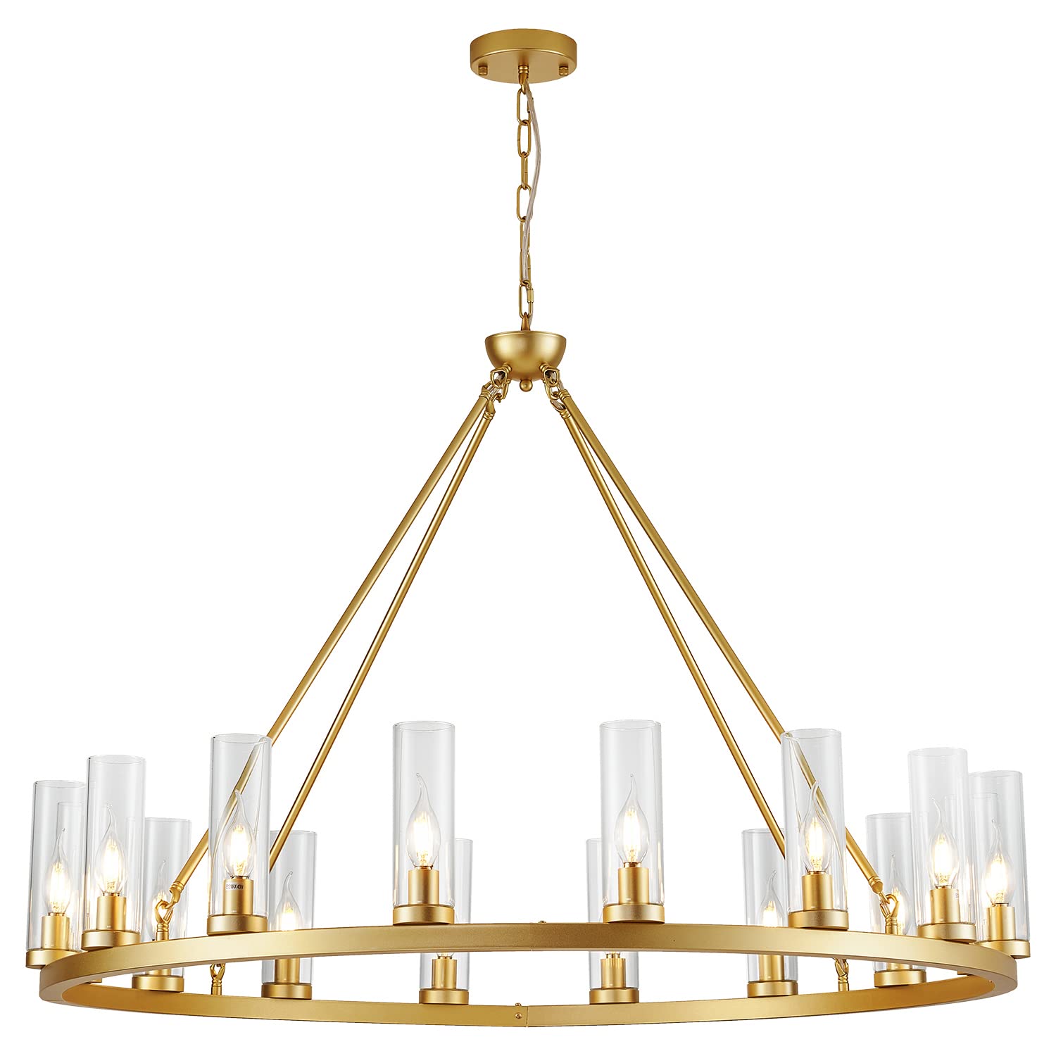 Uboxin Farmhouse Wagon Wheel Chandelier,D42 16 Light Gold Industrial Rustic Chandelier Lighting, Round Kitchen Island Pendant Light with Clear Glass(42in-16 Lights)