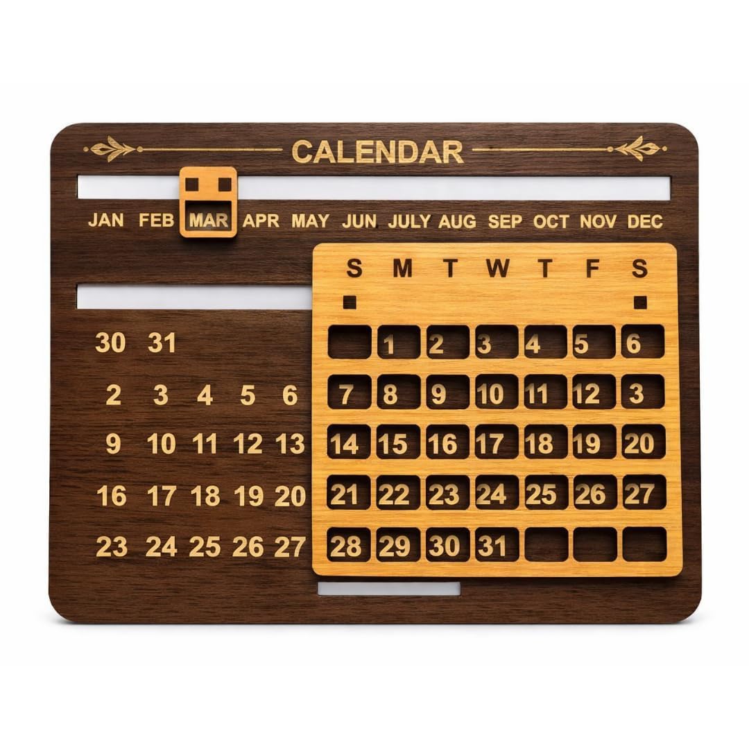 SELF ZONE Wooden Perpetual Desk Calendar | Reusable Month Date Calendar for Home & Office | Vintage Wooden Table Calendar for Study Table, Office Desk & Home Decor-image-18