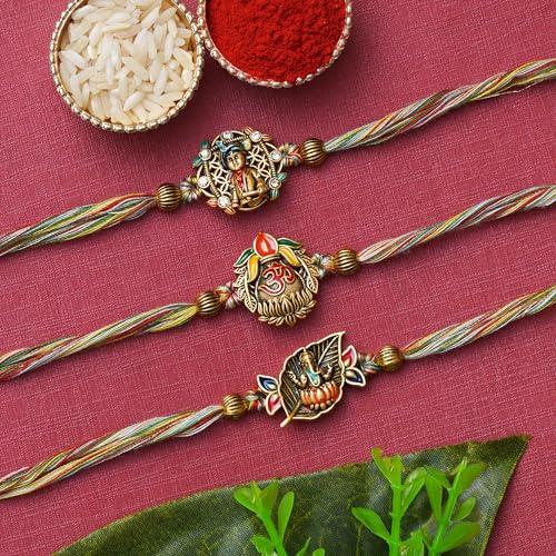Image of eCraftIndia Set of 3 Lord Ganesha Krishna Om Designer Rakhi with Best Bro Ever Fridge Magnet & Roli Chawal Pack | Rakhi for Brother Bhabhi Kids | Traditional Raksha Bandhan Thread Set