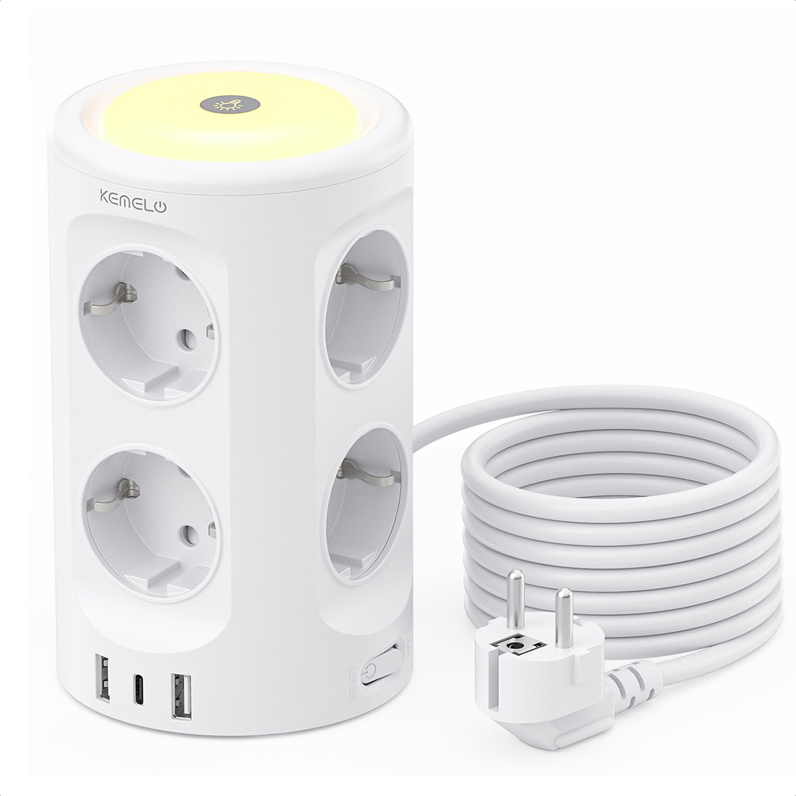 Torre Regletas Enchufes, Regleta USB 8 Tomas de AC y 3 USB, 2M Torre Enchufes Vertical con luz Nocturna y Interruptor,Regleta Enchufes Proteccion Sobretension, Enchufe Multiple para Mesa, Oficia, Casa — view 11