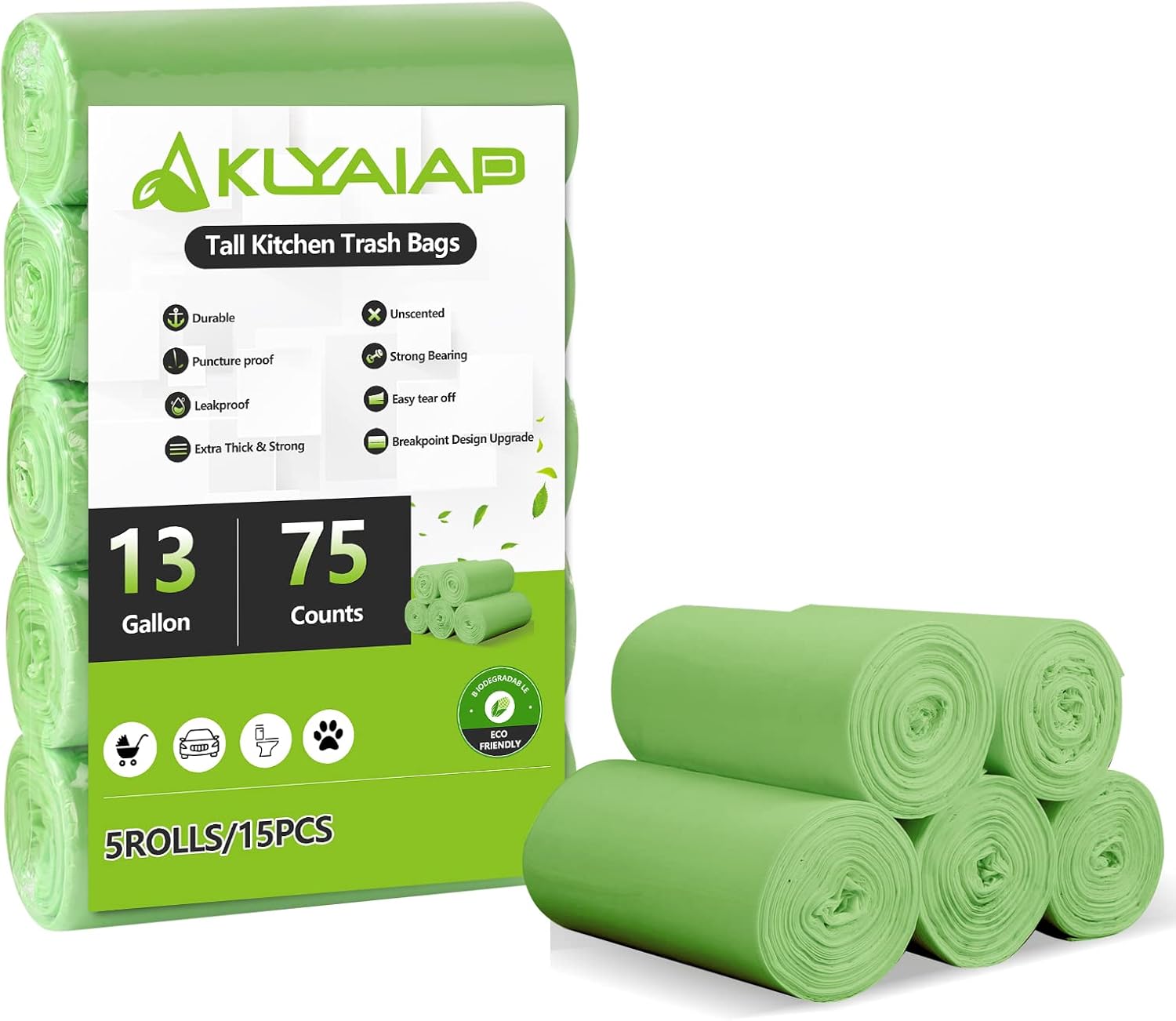 13 Gallon Tall Biodegradable Trash Bags, Leakage-Free, Thick, Unscented for Home, Office, Kitchen, 55L, 75 Counts, Green