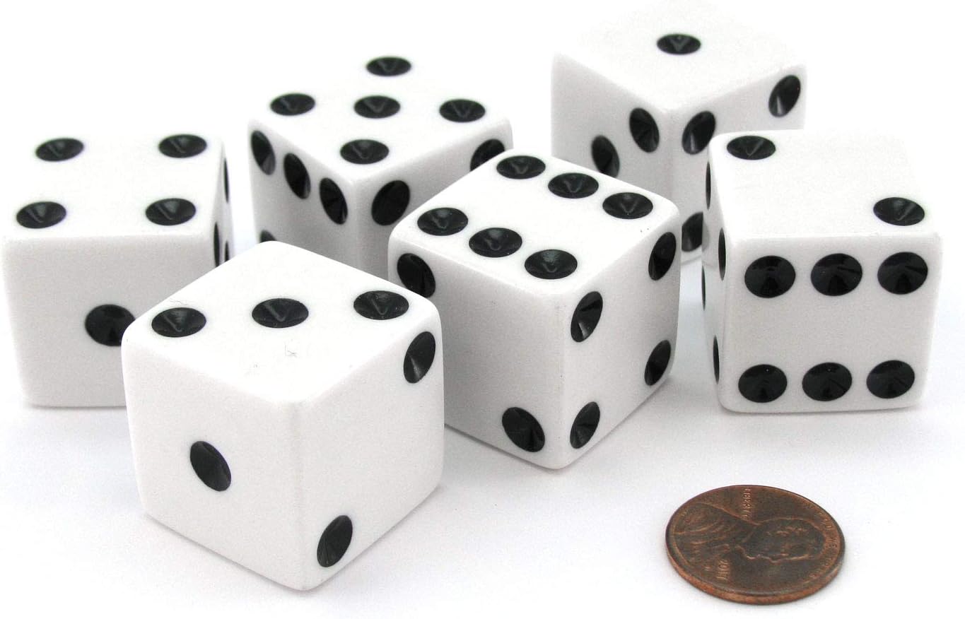 Set of 6 D6 25mm Large Opaque Jumbo Dice - White with Black Pip by Koplow Games