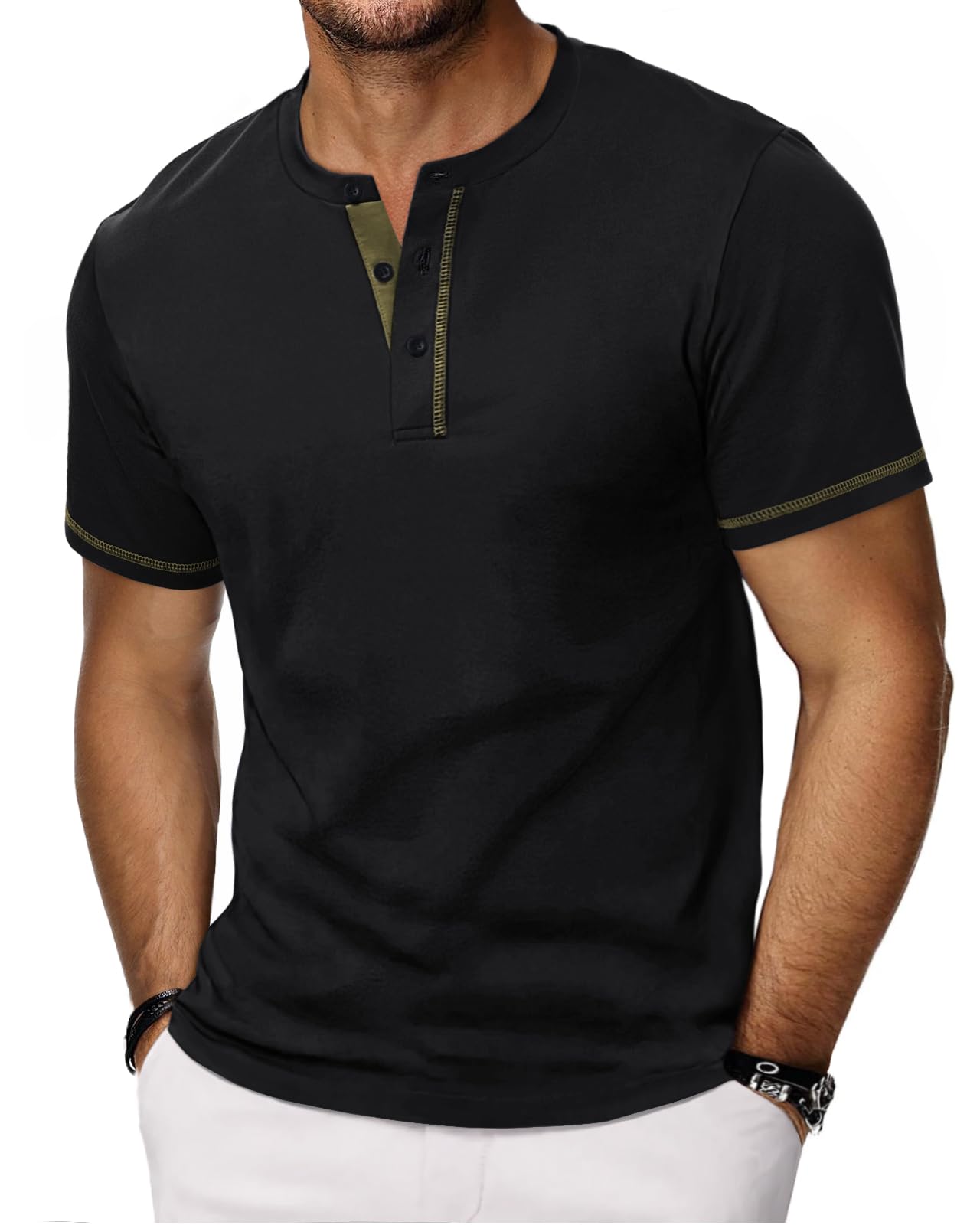 HMIYA Henley Kurzarm T-Shirts für Herren Sommerhemd Baumwolle Knopf Color-Blocking-Ärmeln T-Shirt für Männer
