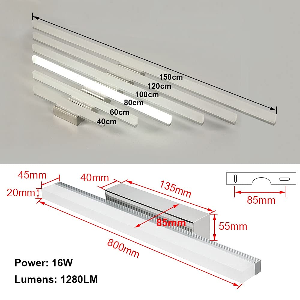 LED-Badezimmerspiegelleuchte 80 cm, 16 W, 1280 lm, modernes, warmes Weiß (3000 K), Wandleuchte für Waschtischunterschränke