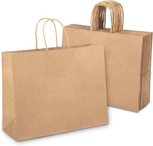 Brown Paper Bags, 320x110x250mm Cloudgree Medium Kraft Paper Bags Rectangular Shaped Paper Gift Bags Paper Party Bags Paper Shopping Bags with Handles, Pack of 15