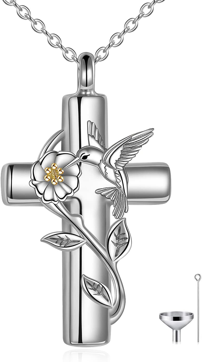 CRMAD Hummingbird/Ladybug/Dragonfly Urn Necklace for Ashes Sterling Silver Cross Cremation Necklace Jewelry for Women Humans