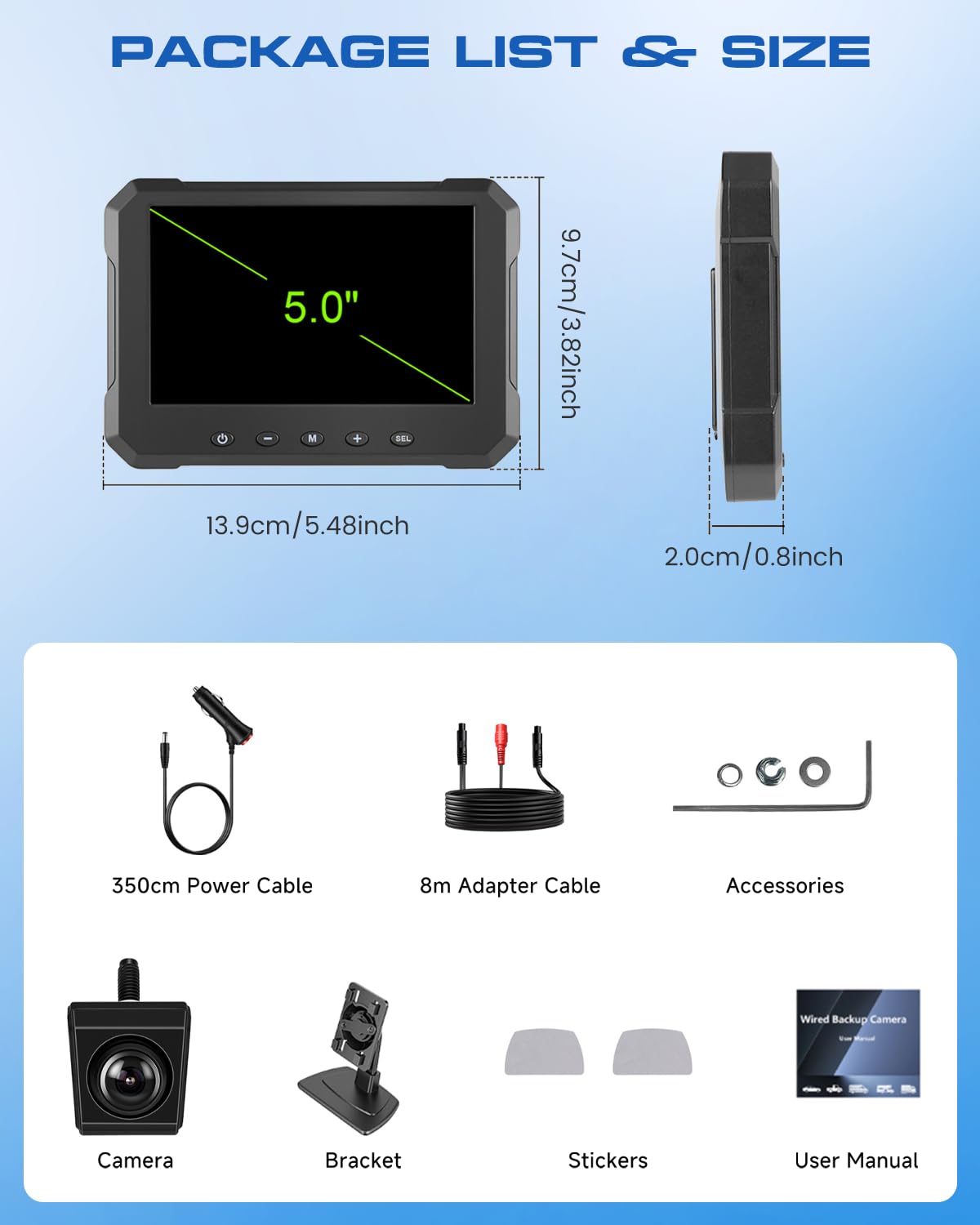 Kit Cámara Marcha Atrás 1080P Pantalla 5 Pulgadas con Visión Nocturna IP68