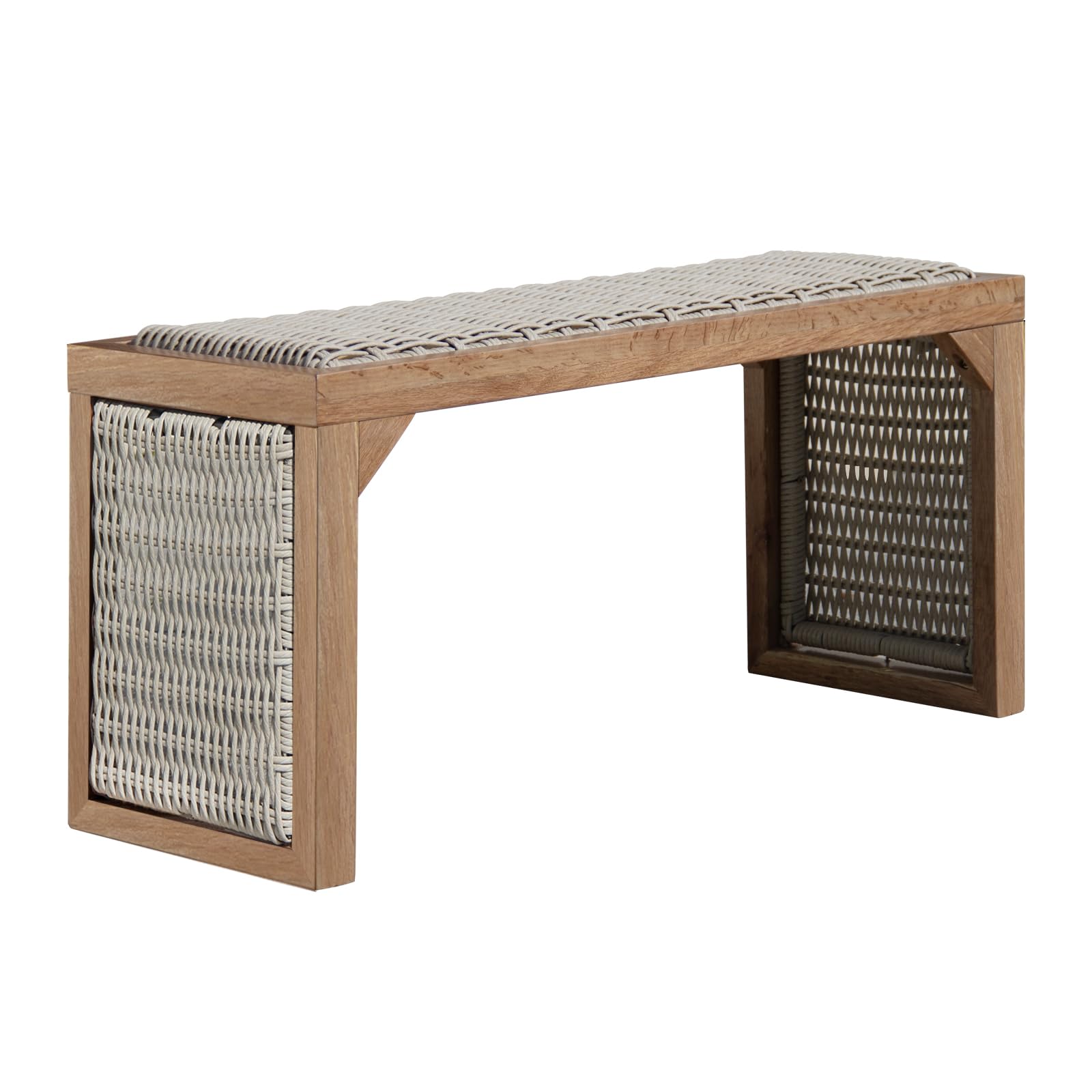 35 inch wood entryway bench, mid century modern decor woven indoor shoe bench, wooden stool for entryway, living room, dining room, bedroom and porch, cedar stain