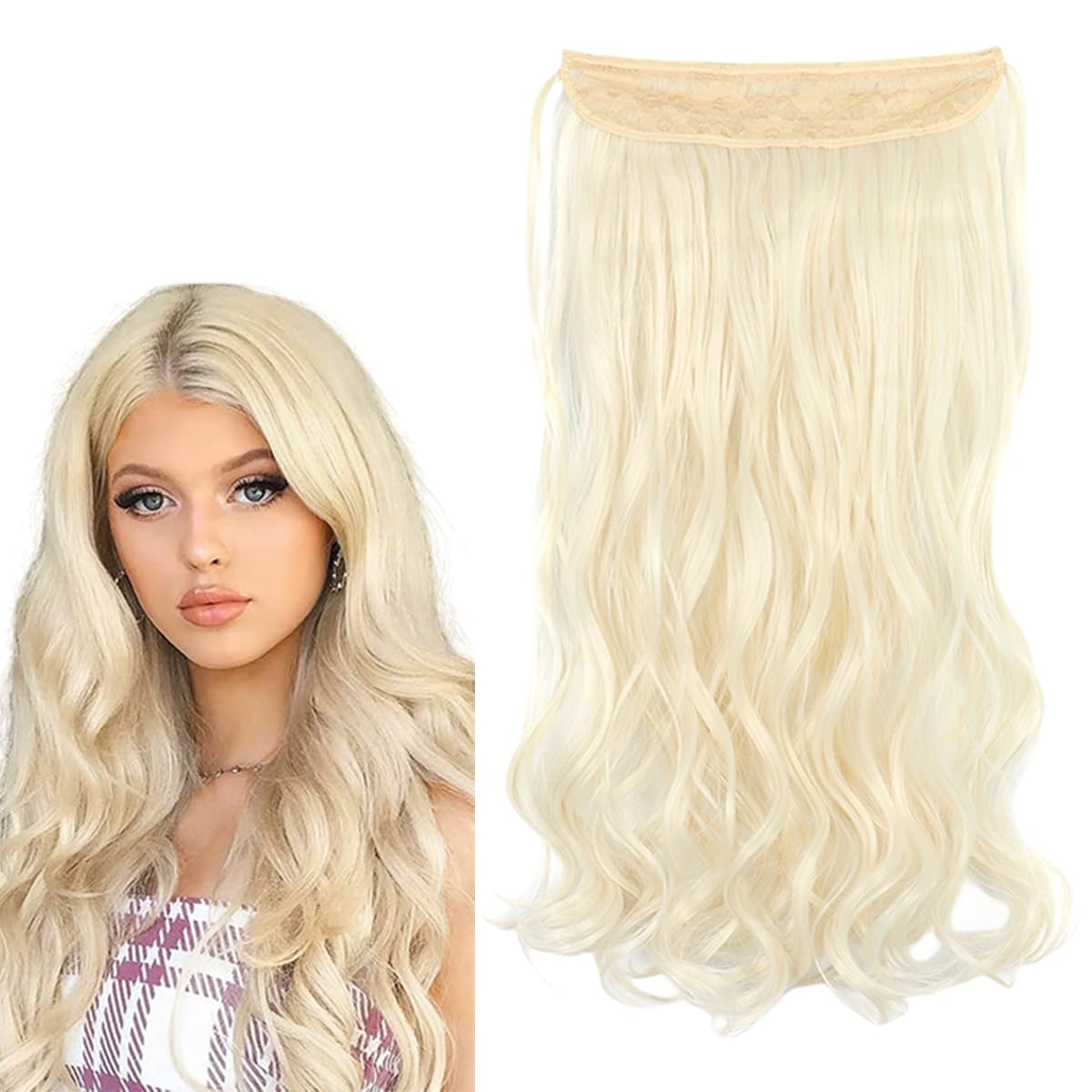 prinfantasy Hair Pieces Hair Extension Long 22 inches Resistant Fiber Soft Platinum Blonde Hair Fiber Line Metal buckle Adjustable Invisible Wavy Hairpieces for Women MW235