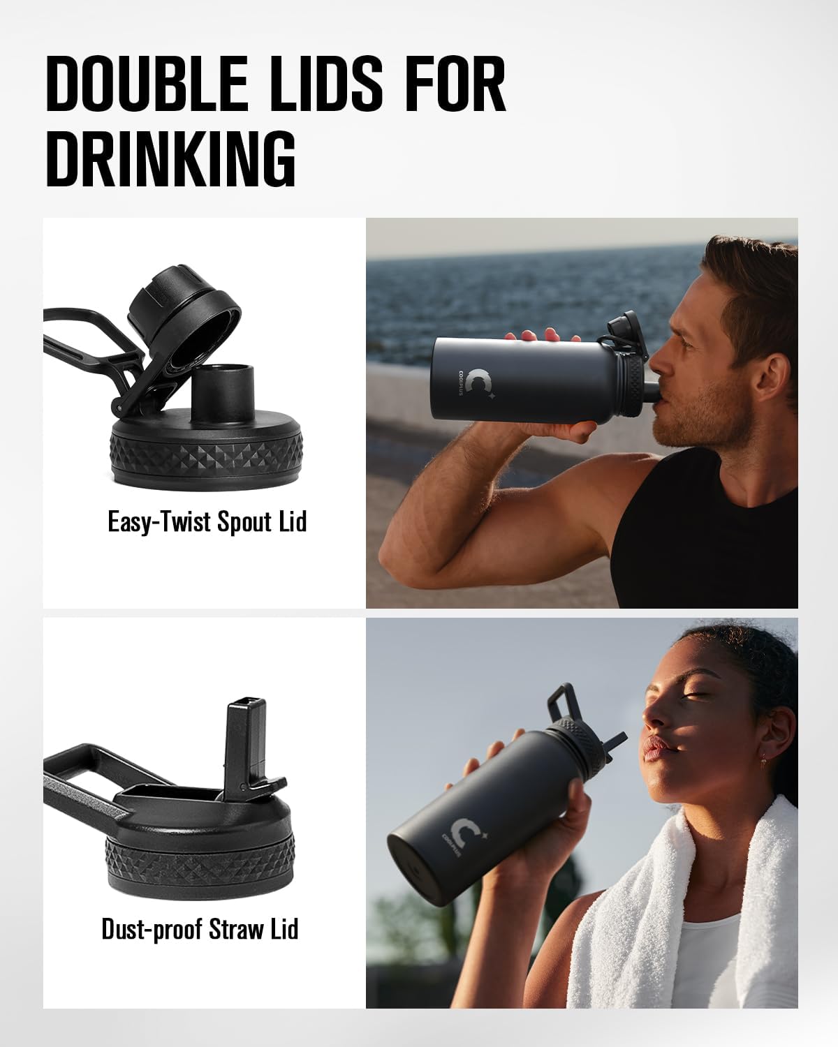 Coolplus 32 oz Water Bottle Insulated, Stainless Steel Water Flask With Straw Metal Double-Walled Vacuum With Carry Sleeve Leakproof, Keep Cold 48 Hrs Hot 24hrs, Black - Image 5