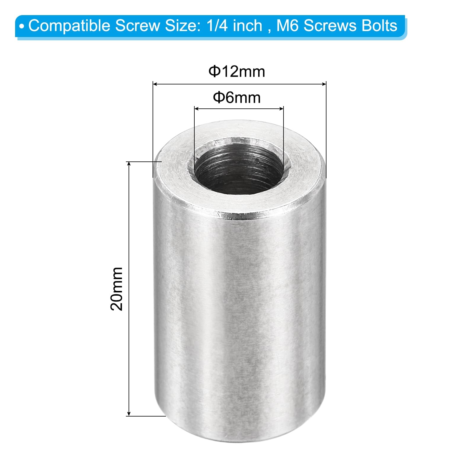 PATIKIL M6 Stainless Steel Spacers, 12Pcs Metal Spacer 6mm ID x 12mm OD x 20mm L Screw Standoff for 1/4" or M6 Screw - Image 2