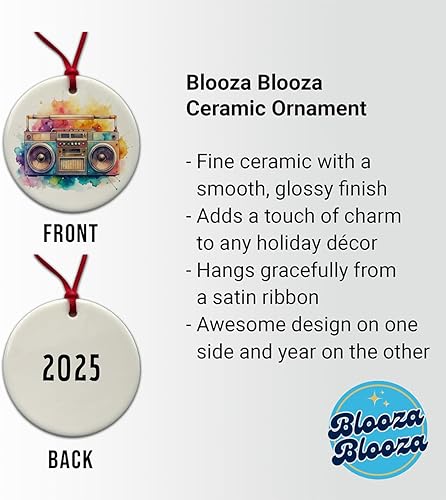 Miniatura 2 de Retro Boom Box Radio Cassette Player Acuarela 2025 Ronda Cerámica Navidad Árbol Adorno