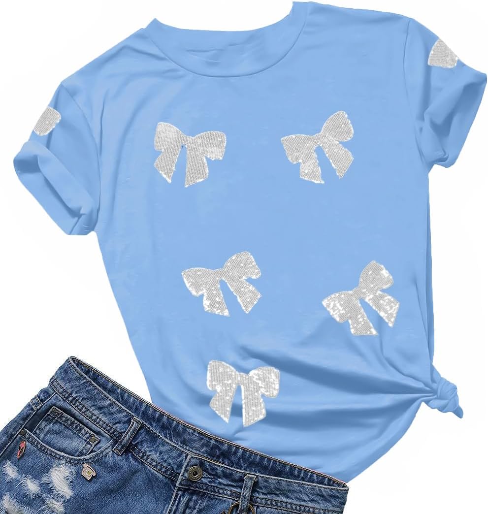 Womens Bow Shirt Coquette Aesthetic Shirts Cute Sequin Graphic Tees Trendy Pink Bow Ribbon Short Sleeve Tee Tops