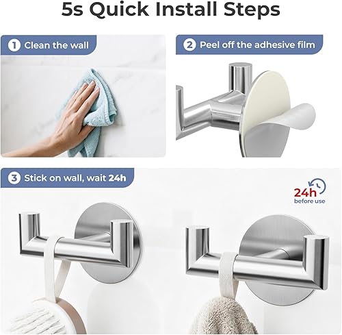 Miniatura 6 de Paquete de 2 ganchos de baño de níquel cepillado para toallas, ganchos dobles autoadhesivos para pared, sin taladrar, acero inoxidable 304, sujeción