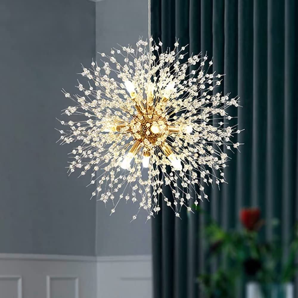 SYAXVOM Modern Gold Crystal Chandelier - 9 Light Firework Dandelion Design Elegant Ceiling Suspension Lighting for Dining Room Bedroom Aisle Home Decor Luxurious Luminaire