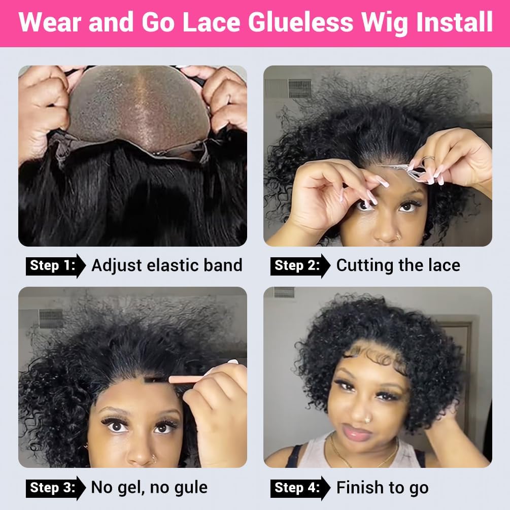 Wear and Go - Peluca sin pegamento, precortada, estilo Bob 4x4, rizada, encaje frontal, pelucas de cabello humano de densidad del 180 %, para mujeres negras, borgoña, 10 pulgadas