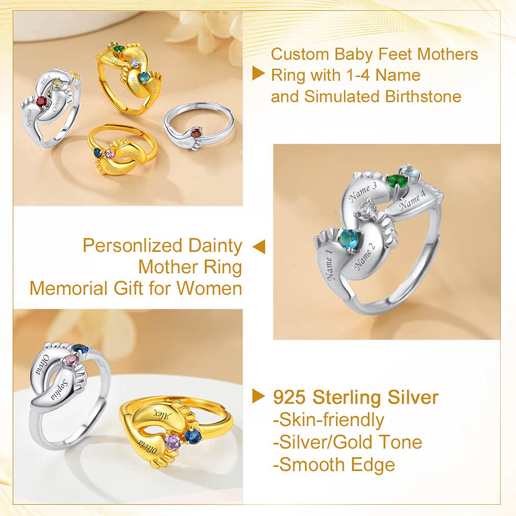 Custom4U Bague Argent 925 Femme Réglable 2 Prénoms Personnalisable Pieds de Bébé avec Pierre de Naissance