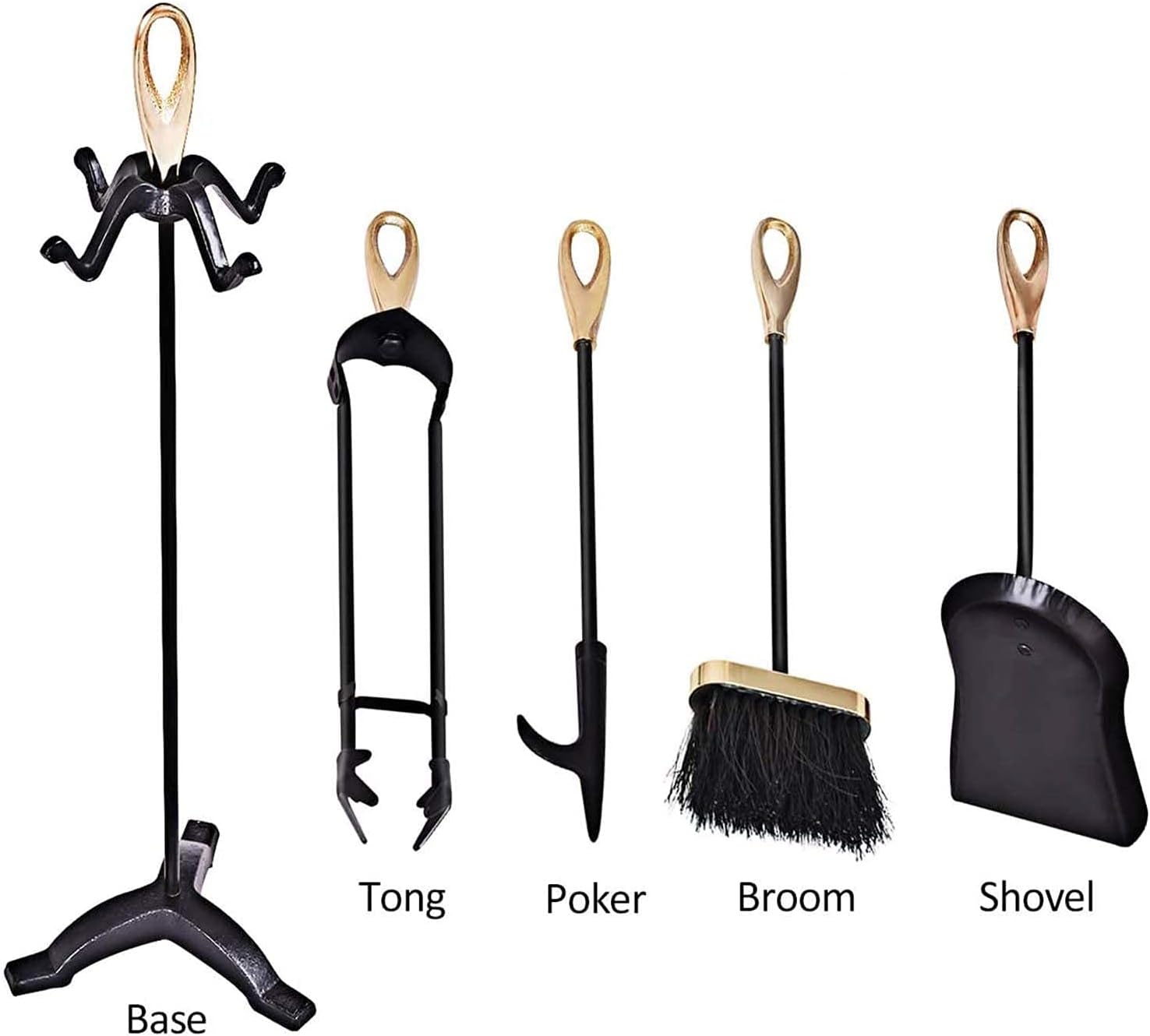 Fireplace Companion Tool Set with Gold Handle, 5 PCS Black Rustic Wrought Iron Tools Stand with Bellows, for Fireside Fire Pit Accessories