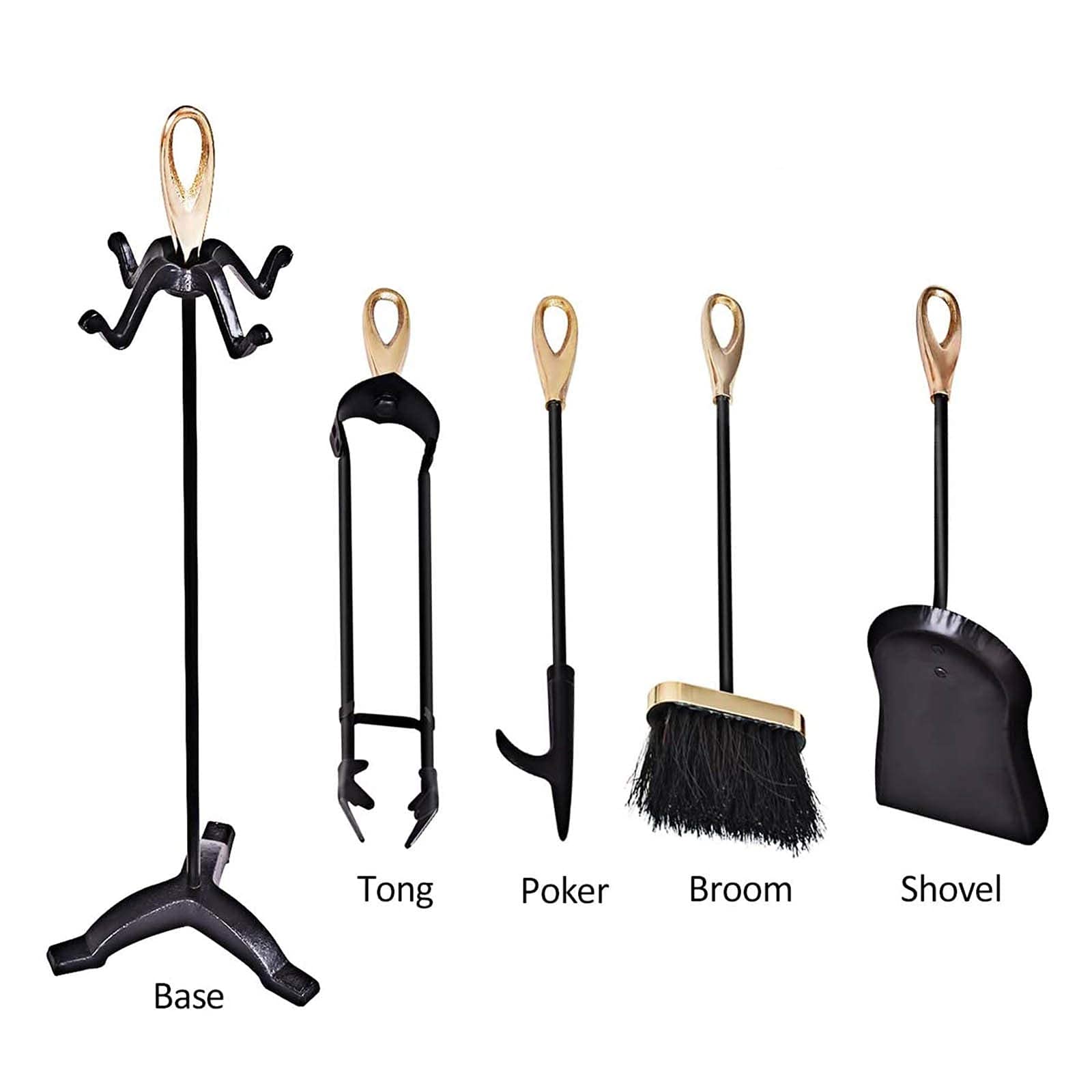 Set di 5 Attrezzi da Camino in Ferro battuto Rustico Nero con Impugnatura Dorata, Include Accessori per braciere a Soffietto e Supporto per caminetto