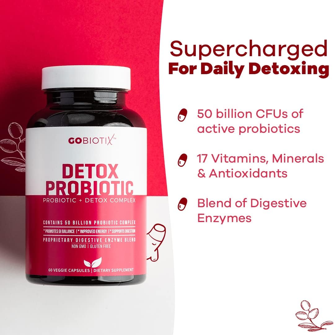 GOBIOTIX Detox Probiotic Supplement Ultimate Flora Probiotic for Women & Men | 50 Billion CFU of Probiotics + Prebiotics + Digestive Enzymes for Gut & Liver Health | Shelf Stable, 60 Caps