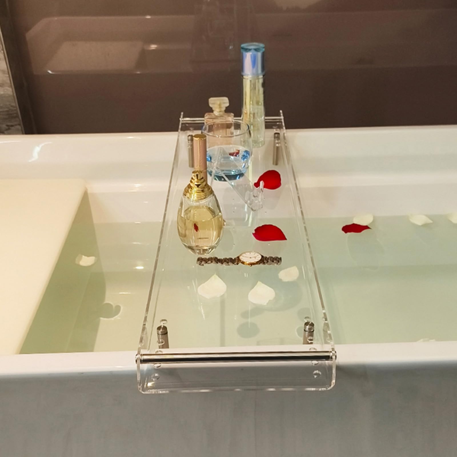 Badewannentabletts, verstellbares Badewannentablett aus Acryl, Badewannenablage, Badewannenablage, Ablage für die Badewanne, Badezimmer-Organizer, transparente Parfümablage, Arbeitsplatte, t