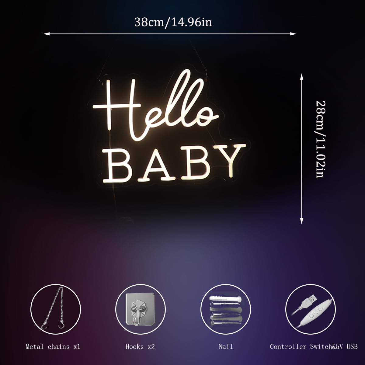 "Hello Baby" LED Neon Sign for Gender Reveal Party - Warm White Letters for Welcome Baby Pregnancy Announcement Baby Shower Yard Decor - Image 3