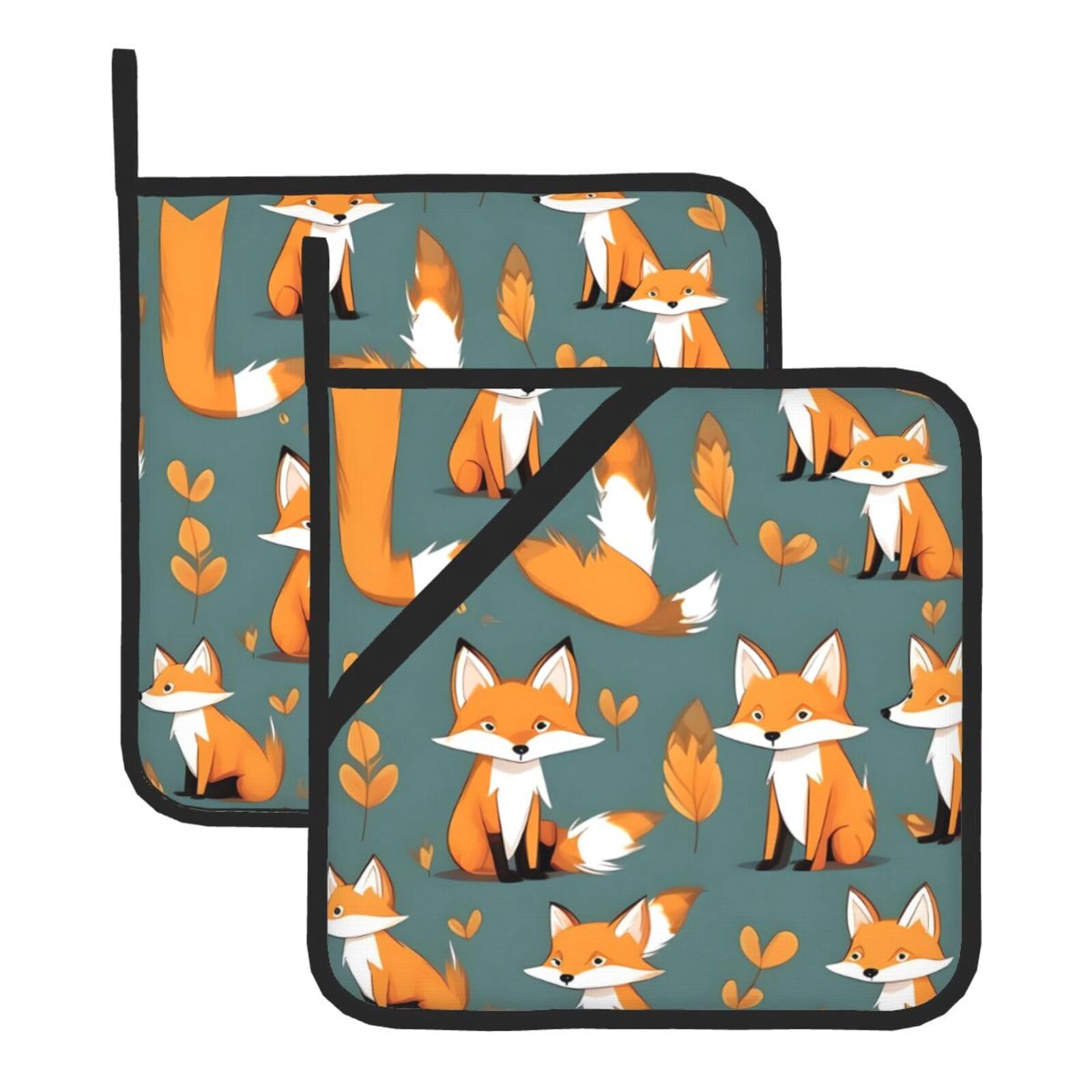 WHJSHOP Yellow fox Prints Square Pot Holders - Waterproof Heat Resistant Kitchen Throw Pads for Hot Bowls & Dishes, Durable Oven Mitt Layers with Hanging Loop - Set of 2
