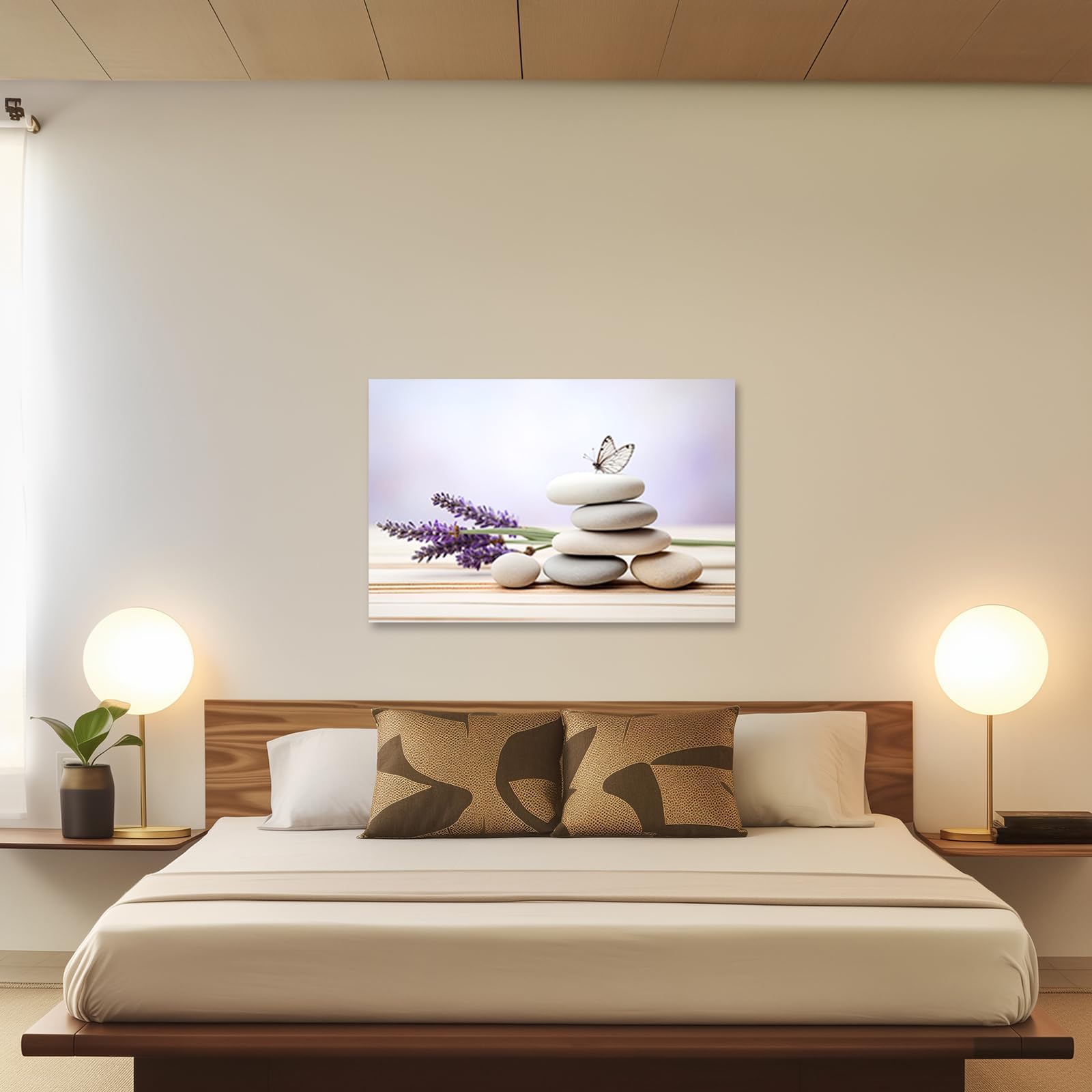 Jkevcbiax No Frame Zen Canvas Wall Art Stones Butterfly And Purple Lavender Pictures Prints Spa Meditation Spiritual Room Decor(50X100cm/No Frame)