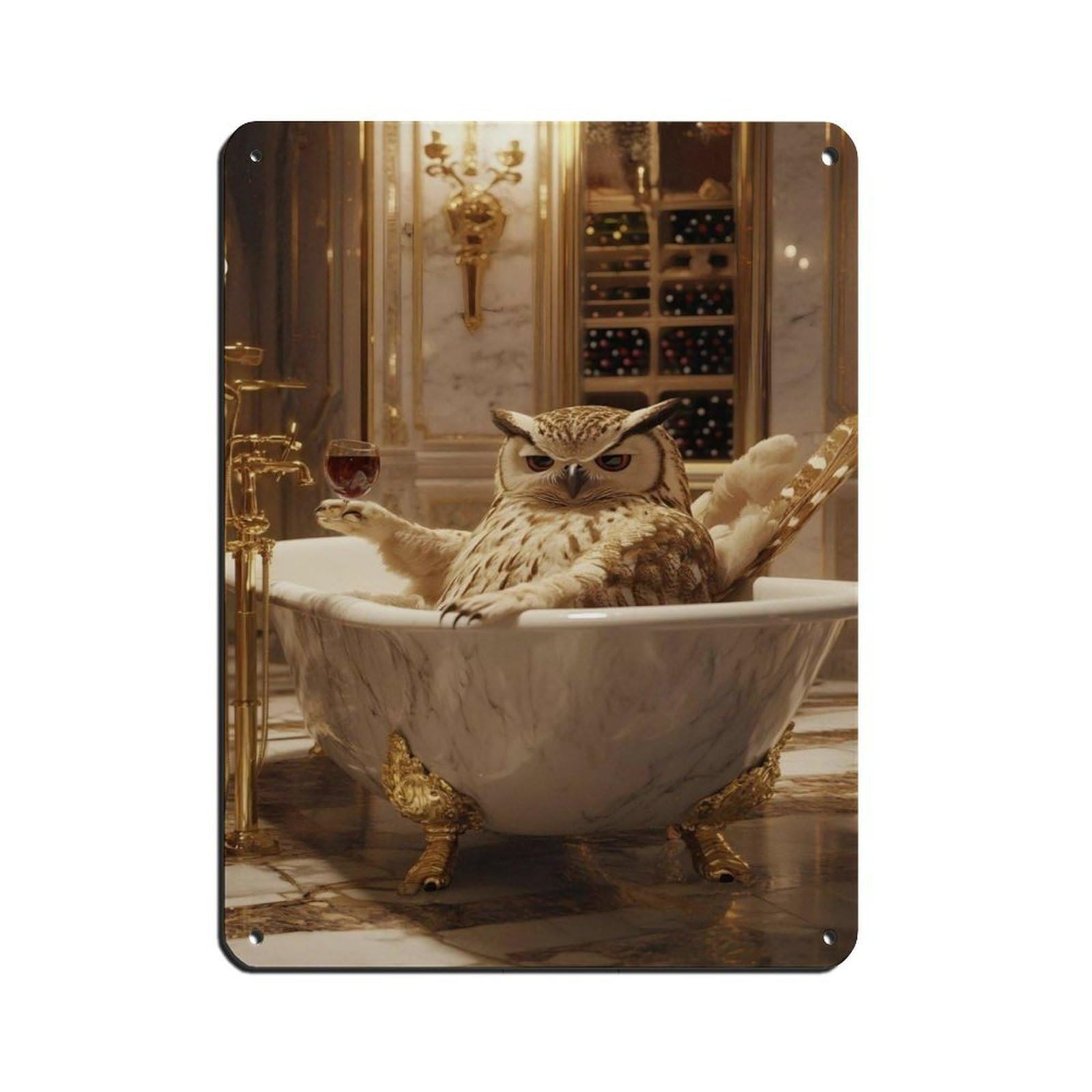 Elegant Owl in Bathtub Wine Retro Poster Metal Tin Sign Chic Art Retro Iron Painting Bar People Cave Cafe Family Garage Poster Wall Decoration 12x16inch(30x40cm)
