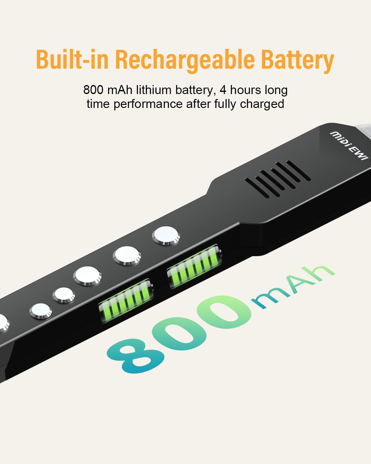 Graphic showing the built-in rechargeable battery and its 800 mAh capacity
