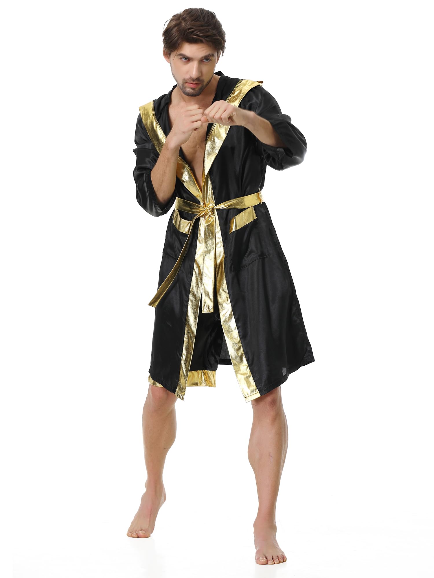 maxToonrain Boxer Fancy Dress,Adult Holloween Costumes Funny Stain Printing Hooded Boxing Costume Robe+Boxer Shorts Outfit(Gold,L) - Image 4